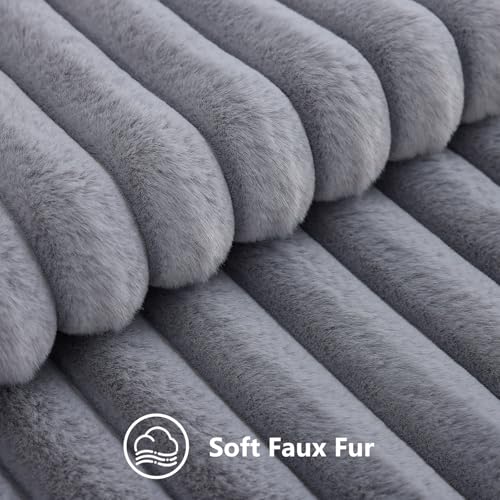 decorUhome Cozy Faux Fur Throw Pillow Covers 12x20 Set of 2 Decorative Soft Plush Striped Lumbar Modern Farmhouse Boho Couch Pillow Cases with Velvet Back for Sofa Bed Living Room Grey - Image 3