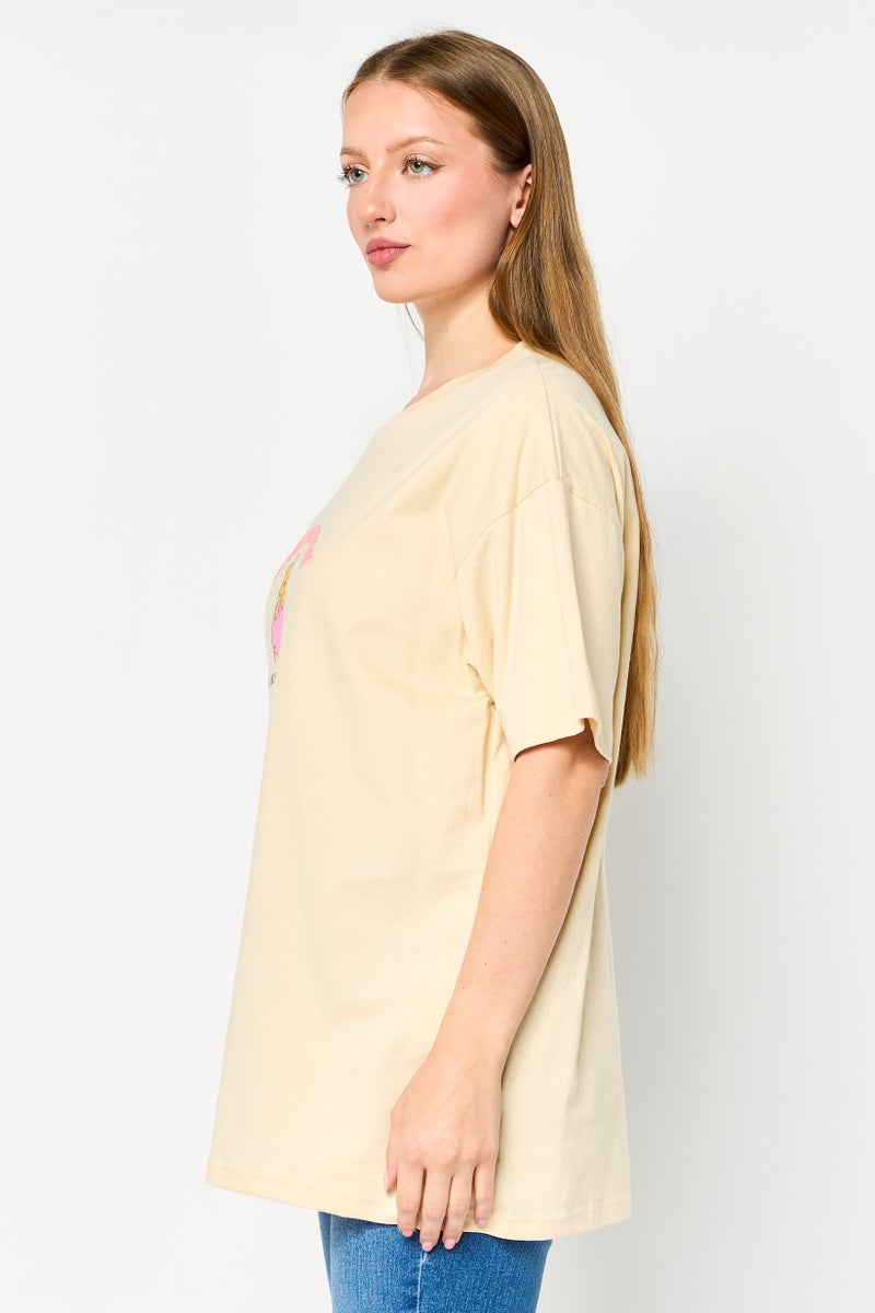 Disney Women Crew Neck Short Sleeve Winnie The Pooh T-shirt, Beige - Image 3