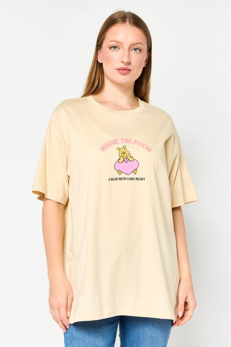 Disney Women Crew Neck Short Sleeve Winnie The Pooh T-shirt, Beige - Image 1