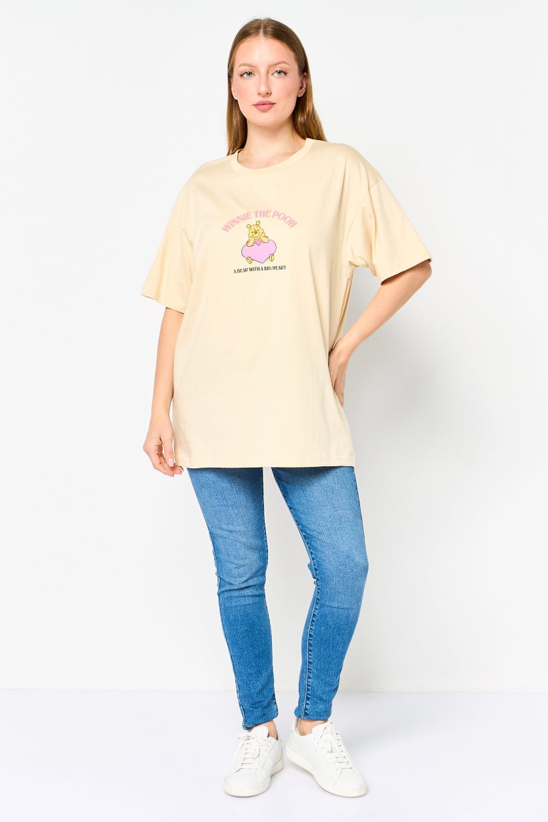 Disney Women Crew Neck Short Sleeve Winnie The Pooh T-shirt, Beige - Image 2