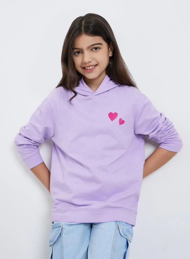 Styli Styli Teens Lilac Relaxed Fit Heart Print Hoodie