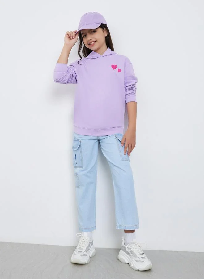 Styli Styli Teens Lilac Relaxed Fit Heart Print Hoodie