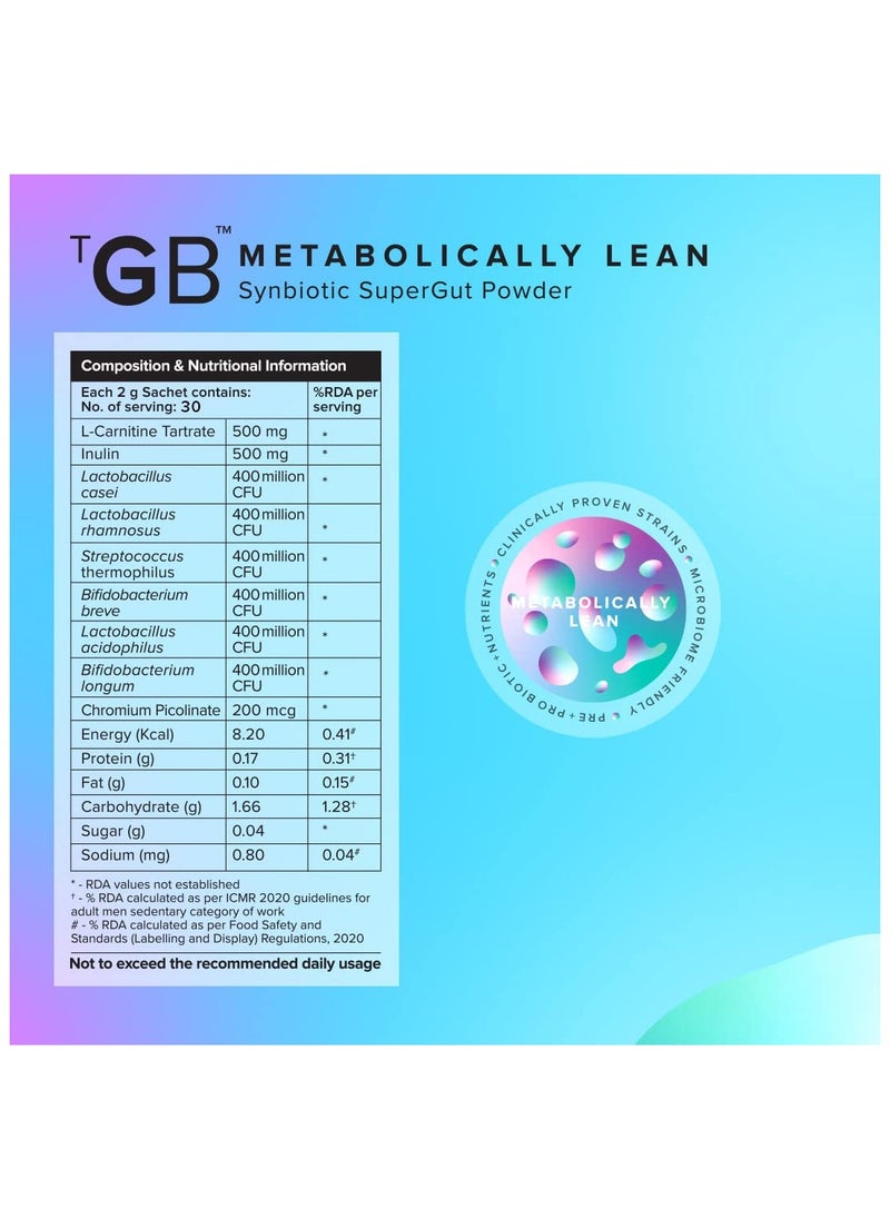 The Good Bug Metabolically Lean SuperGut Powder Probiotics, L-Carnitine For Men And Women - 15 Sachets  - Image 2