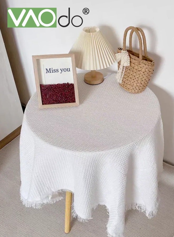 فاو دو مفرش طاولة مستدير بنمط وافل، مفرش طاولة صغير مع أطراف مزينة بشراشيب، ديكور طاولة بسيط وبسيط، أغطية طاولة عازلة للحرارة قابلة للغسل في الغسالة، أبيض 90*90 سم - Image 1