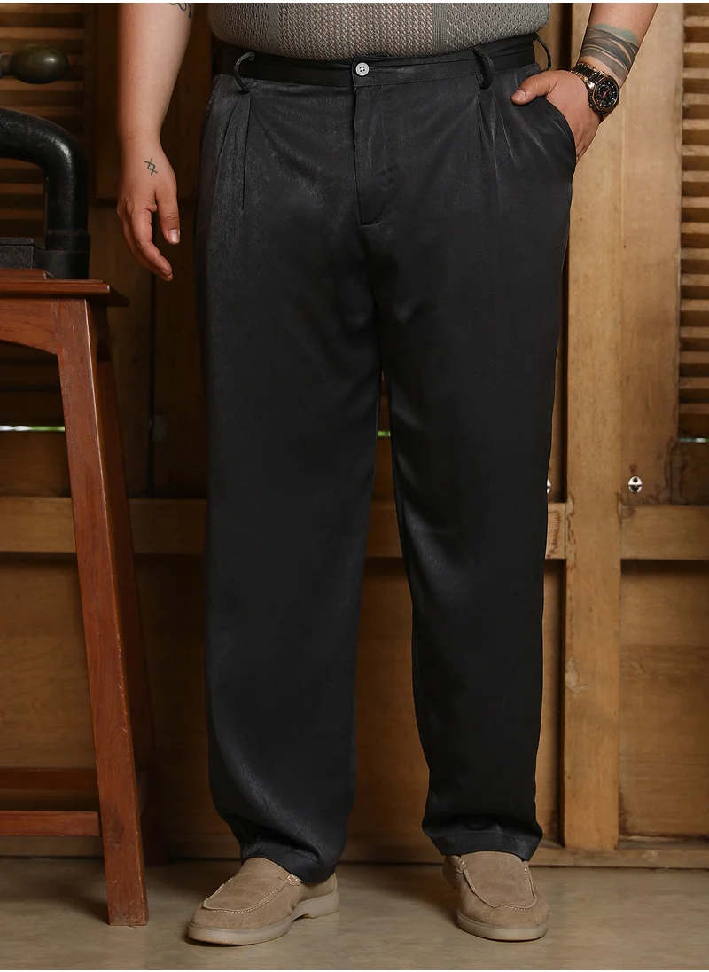 انستافاب بلس Instafab Plus Men's Midnight Black Velvet Pleated Trousers For Casual Wear | Mid-Rise | Straight Fit | Button Closure | Plus Size Trousers Crafted With Comfort Fit For Everyday Wear