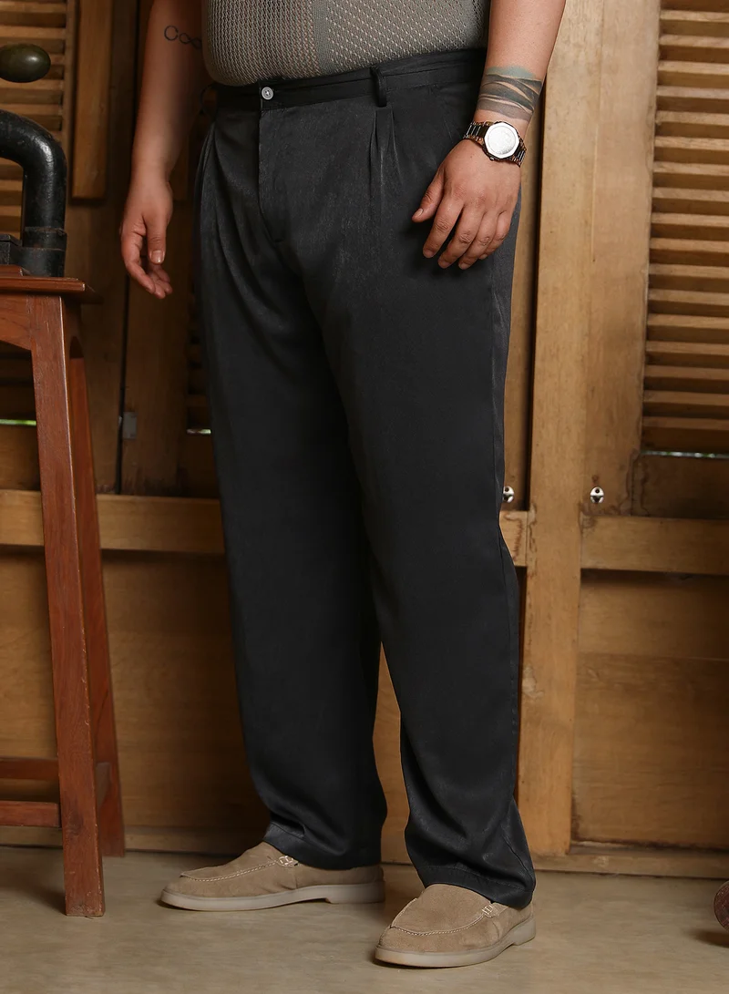 Instafab Plus Instafab Plus Men's Midnight Black Velvet Pleated Trousers For Casual Wear | Mid-Rise | Straight Fit | Button Closure | Plus Size Trousers Crafted With Comfort Fit For Everyday Wear