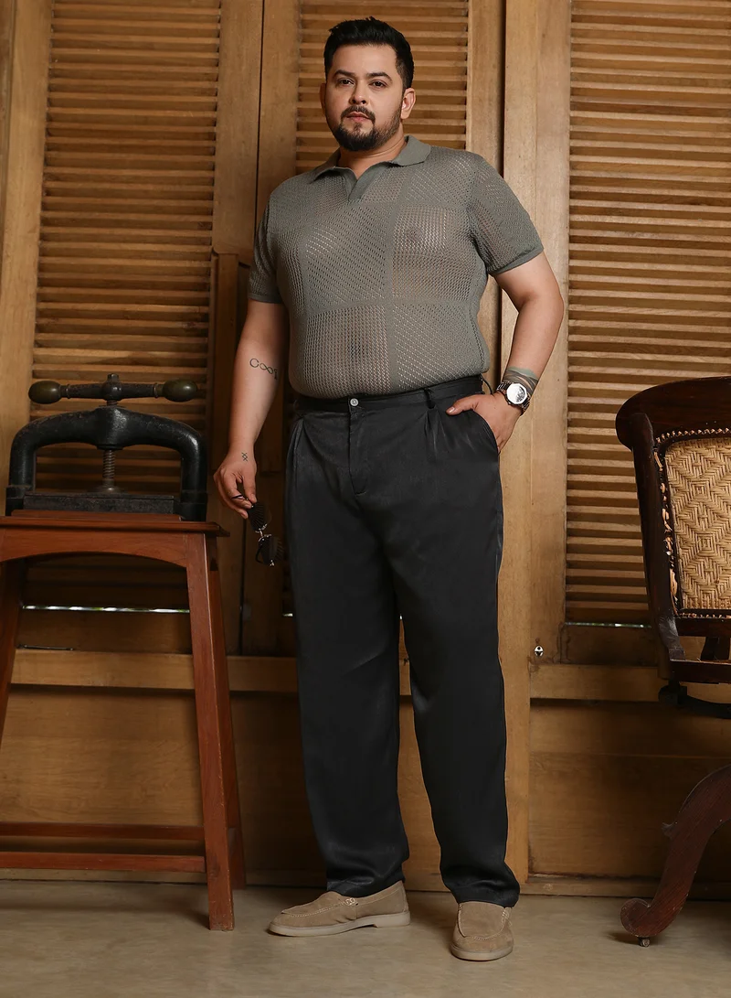 Instafab Plus Instafab Plus Men's Midnight Black Velvet Pleated Trousers For Casual Wear | Mid-Rise | Straight Fit | Button Closure | Plus Size Trousers Crafted With Comfort Fit For Everyday Wear
