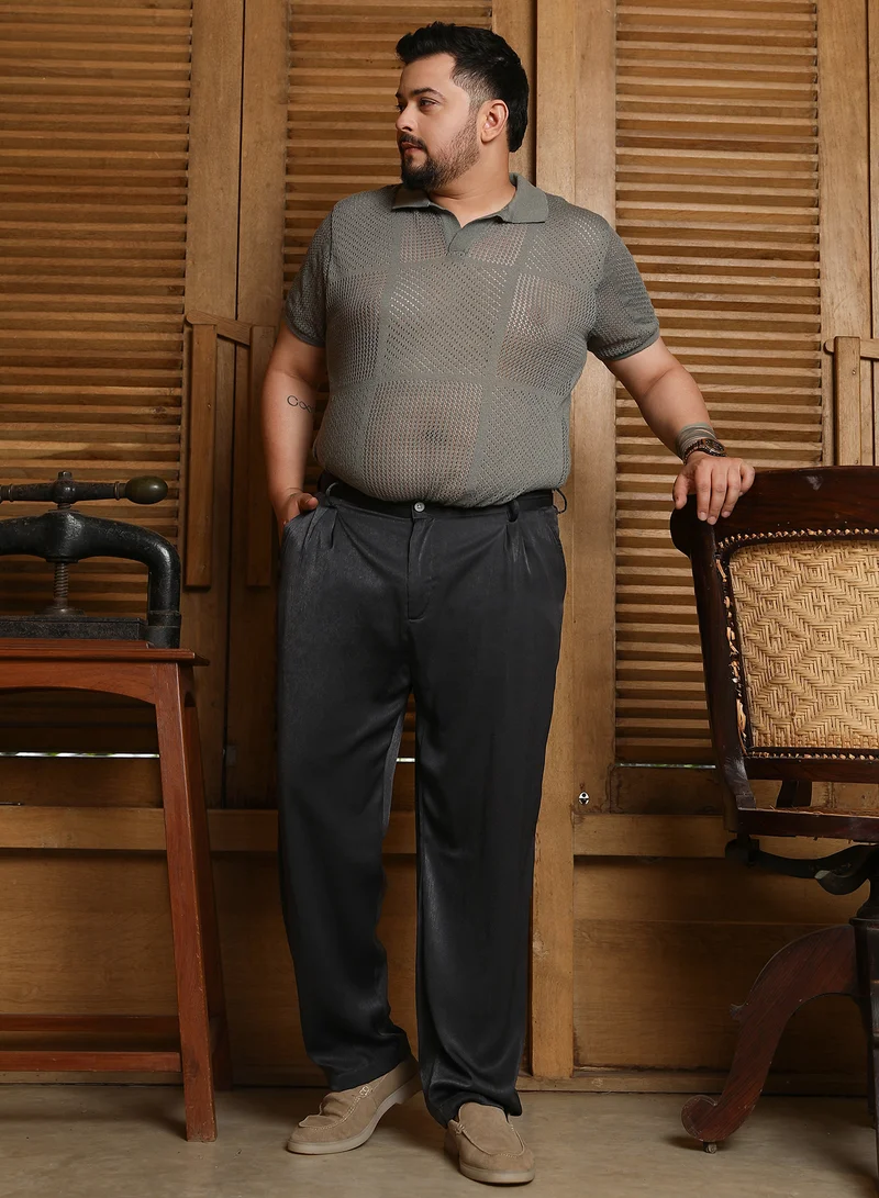 Instafab Plus Instafab Plus Men's Midnight Black Velvet Pleated Trousers For Casual Wear | Mid-Rise | Straight Fit | Button Closure | Plus Size Trousers Crafted With Comfort Fit For Everyday Wear
