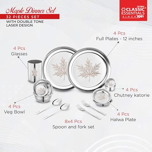 Classic Essentials Stainless Steel Dinner Set|Serves 4 People|Heavy Gauge|Kitchen Set|Permanent Laser-Maple, Set of 32 - Image 4