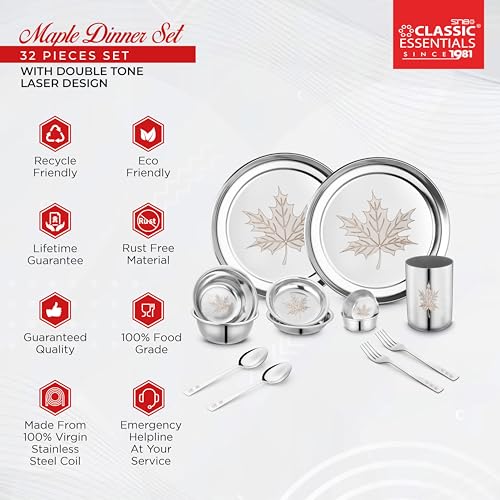 Classic Essentials Stainless Steel Dinner Set|Serves 4 People|Heavy Gauge|Kitchen Set|Permanent Laser-Maple, Set of 32 - Image 3