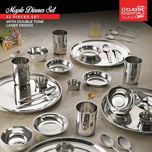 Classic Essentials Stainless Steel Dinner Set|Serves 4 People|Heavy Gauge|Kitchen Set|Permanent Laser-Maple, Set of 32 - Image 2