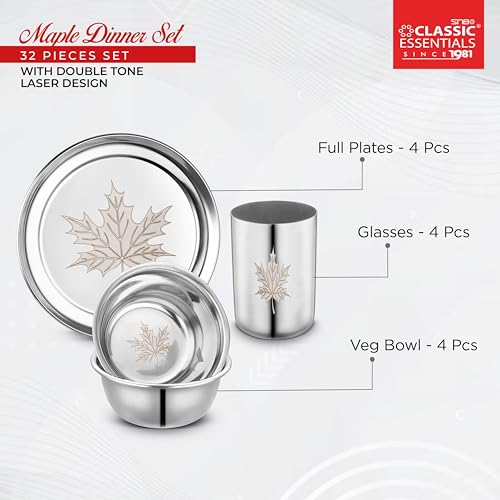 Classic Essentials Stainless Steel Dinner Set|Serves 4 People|Heavy Gauge|Kitchen Set|Permanent Laser-Maple, Set of 32 - Image 5