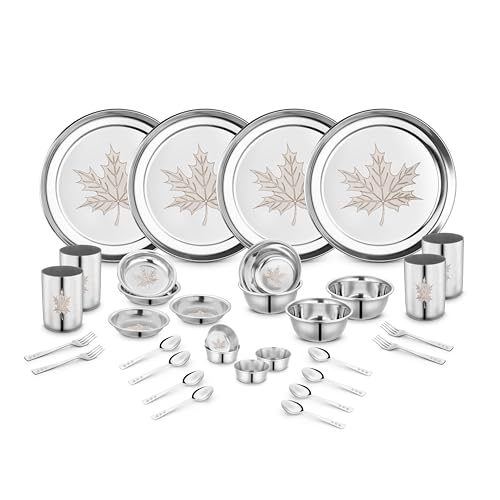Classic Essentials Stainless Steel Dinner Set|Serves 4 People|Heavy Gauge|Kitchen Set|Permanent Laser-Maple, Set of 32 - Image 1