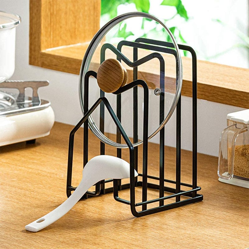 SUNFICON Cutting Board Rack Chopping Board Organizer Stand Holder Kitchen Countertop Pots Pan Lids Rack Organizer Flat Steel 4.92 x 5.7 x 8.47 in. Black - Image 2