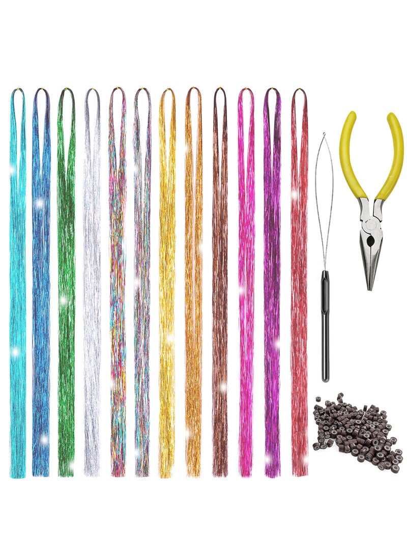 Edoneery - Hair Tinsel Kit 12 Colors Hair Extensions 48 Inches 2500 Strands Sparkling Tinsel for Christmas New Year Halloween Cosplay Party Fairy Tinsel Kit - Image 1