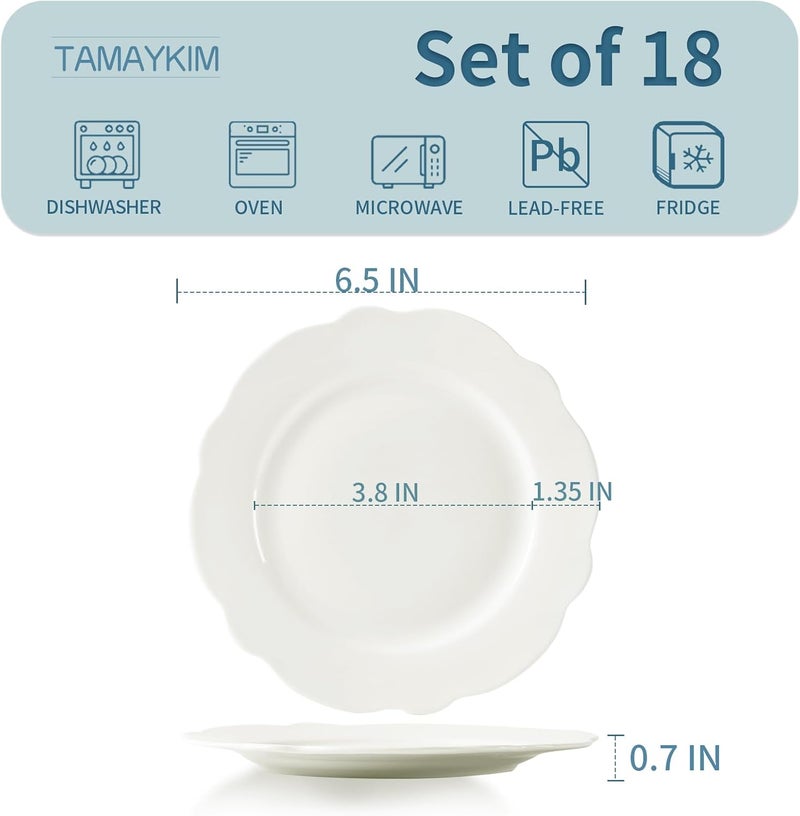 TAMAYKIM TAMAYKIM 18 Pieces 65 Inch Porcelain Dessert Plates Wavy Rim Appetizer Plates Lotus Leaf Shape Small Dinnerware Sets Scratch Resistant Microwave Oven and Dishwasher Safe White  - Image 2