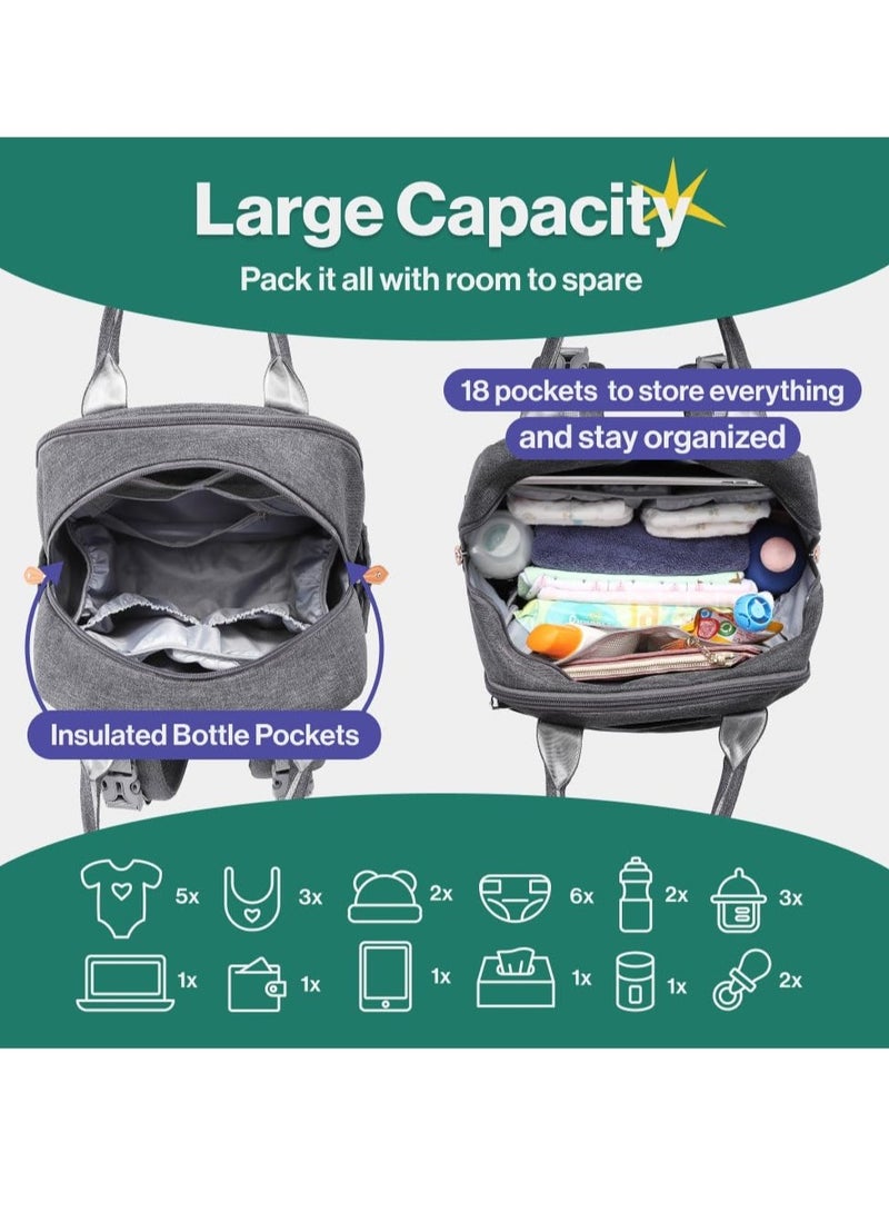BabbleRoo Multifunctional Waterproof Diaper Bag, Essential Travel Baby Tote with Changing Pad, Baby Carrier and Pacifier Cover - Unisex, Dark Grey - Image 3