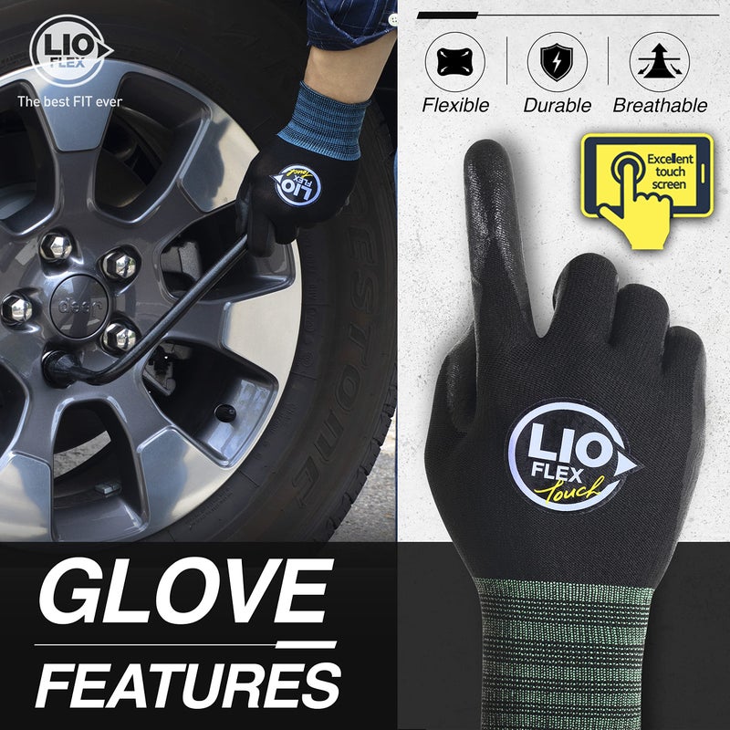 LIO FLEX Safety Work Gloves with Touchscreen Fingers, 3 Pairs Thin & Lightweight Working Gloves, Ideal for Warehouse Workers, Delivery Drivers, Nitrile Foam Coated Grip Gloves for Women and Men (Black, M) - Image 5
