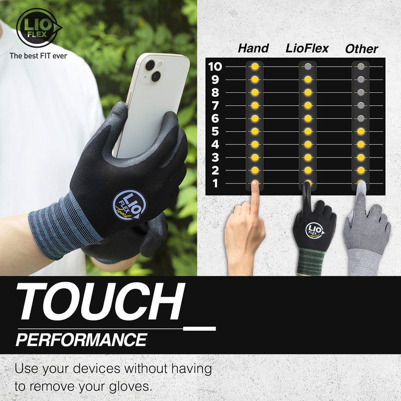 LIO FLEX Safety Work Gloves with Touchscreen Fingers, 3 Pairs Thin & Lightweight Working Gloves, Ideal for Warehouse Workers, Delivery Drivers, Nitrile Foam Coated Grip Gloves for Women and Men (Black, M) - Image 4