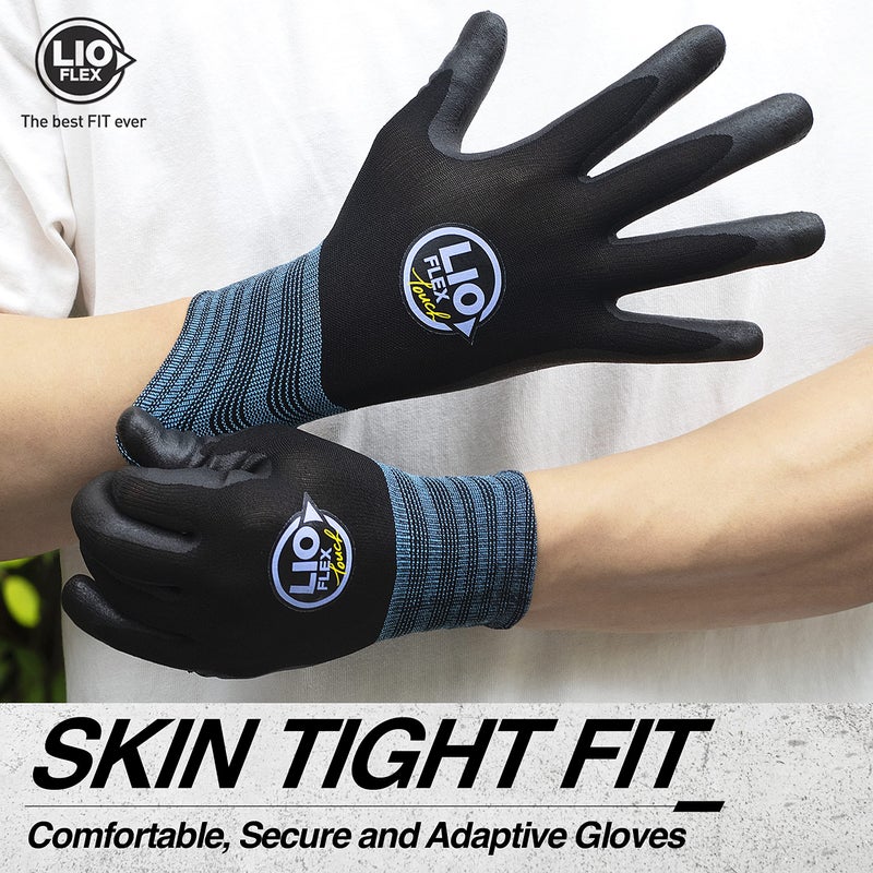 LIO FLEX Safety Work Gloves with Touchscreen Fingers, 3 Pairs Thin & Lightweight Working Gloves, Ideal for Warehouse Workers, Delivery Drivers, Nitrile Foam Coated Grip Gloves for Women and Men (Black, M) - Image 2