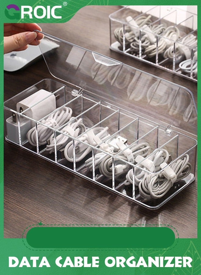 GROIC Clear Cable Storage Box with 10 Wire Ties,Cable Organizer Box Plastic Charger Cord Organizer Box Storage Desktop Data Cable Cord Storage Box,Plastic Cable Management Box with Lid