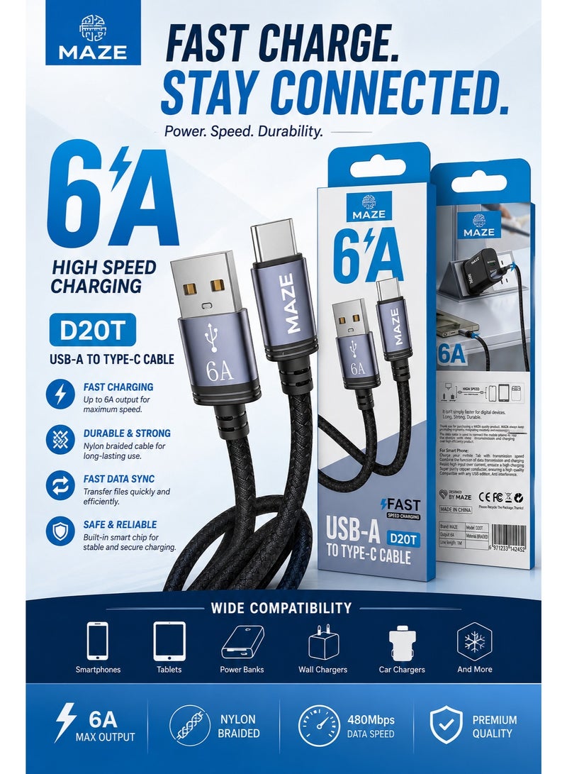 ميذ كابل شحن سريع (6 أمبير) من Type-C إلى USB – يدعم الشحن السريع QC 3.0 ونقل البيانات عالي السرعة، كابل متين مغطى بجديلة من النايلون ومقاوم للانحناء، بطول 1 متر، متوافق مع الهواتف الذكية والأجهزة اللوحية وأجهزة الكمبيوتر المحمولة. - Image 2