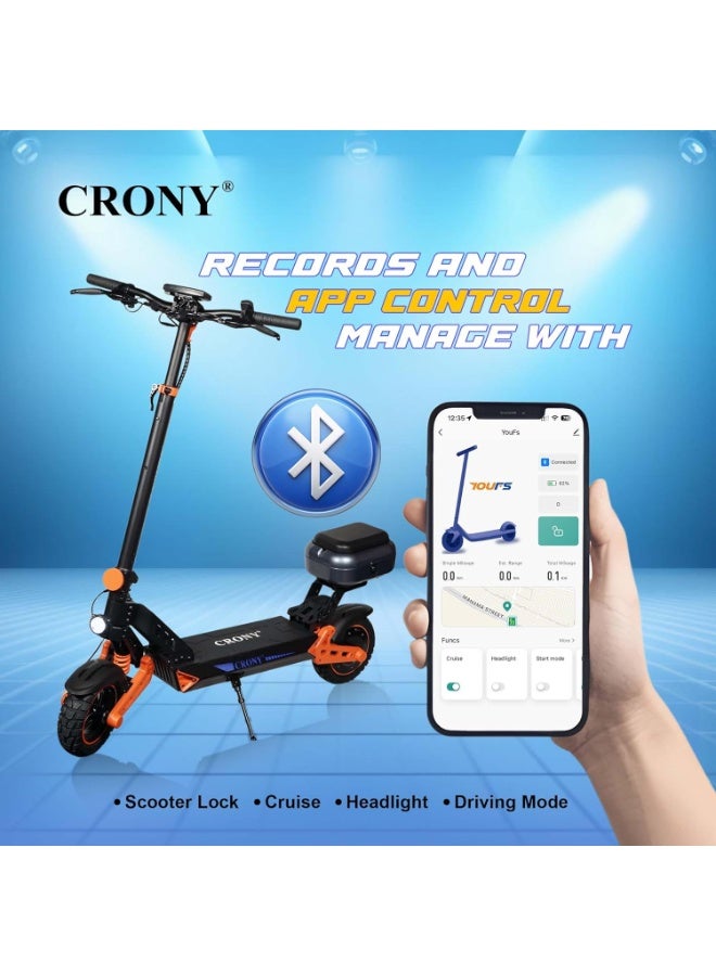 كروني سكوتر كهربائي كروني D2 برو 1500 واط للبالغين، أقصى سرعة 70 كيلو/ساعة، بطارية 48 فولت 15 أمبير، مدى كهربائي نقي 40 كم، إطارات 10 بوصات للطرق الوعرة، سكوتر كهربائي قابل للطي مع نظام تعليق أمامي وخلفي، فرامل قرصية أمامية وخلفية قابلة للإيقاف، هيكل من الألومنيوم، دراجة كهربائية ذكية متصلة بالتطبيق، ممتصات صدمات مزدوجة، سكوتر محمول للتنقل في المناطق الحضرية. - Image 3