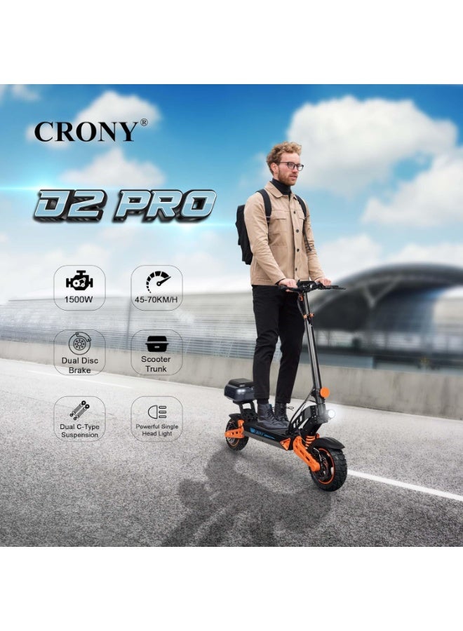 كروني سكوتر كهربائي كروني D2 برو 1500 واط للبالغين، أقصى سرعة 70 كيلو/ساعة، بطارية 48 فولت 15 أمبير، مدى كهربائي نقي 40 كم، إطارات 10 بوصات للطرق الوعرة، سكوتر كهربائي قابل للطي مع نظام تعليق أمامي وخلفي، فرامل قرصية أمامية وخلفية قابلة للإيقاف، هيكل من الألومنيوم، دراجة كهربائية ذكية متصلة بالتطبيق، ممتصات صدمات مزدوجة، سكوتر محمول للتنقل في المناطق الحضرية. - Image 2