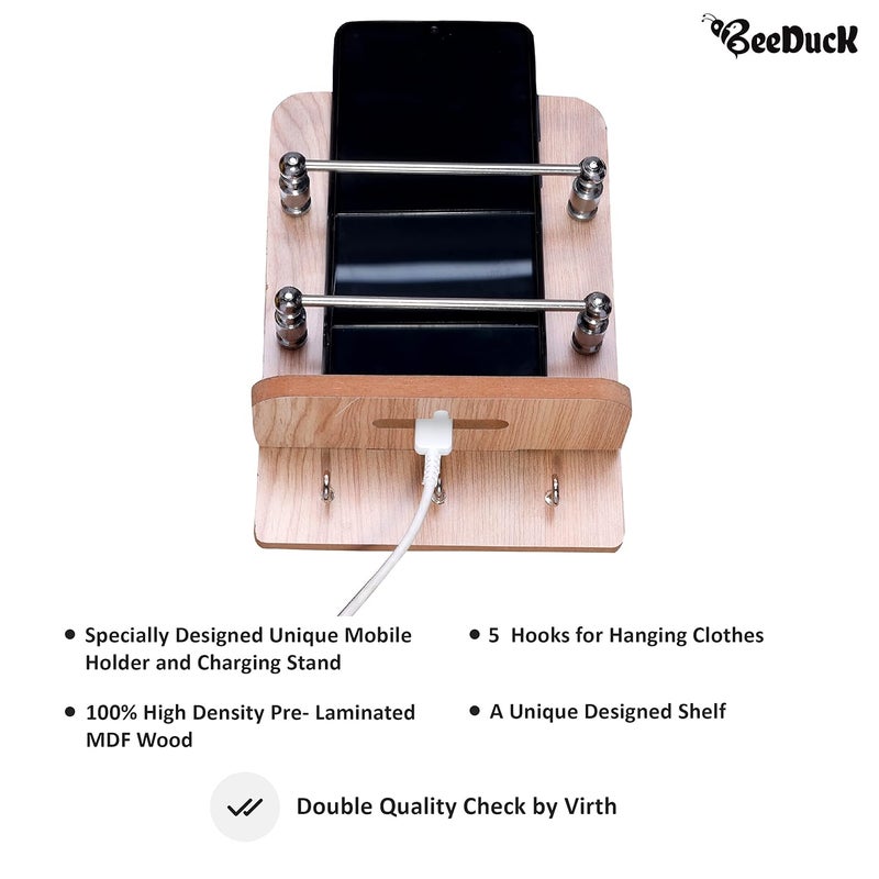 BeeDuck ® Wooden Single Mobile and Keys Hook Holder Stand for Mobile Charging, TV & AC Remote Holding and Keys Hanging at Home, Office, Bedroom, Hotel Wall Mount Multipurpose Stand - Image 5