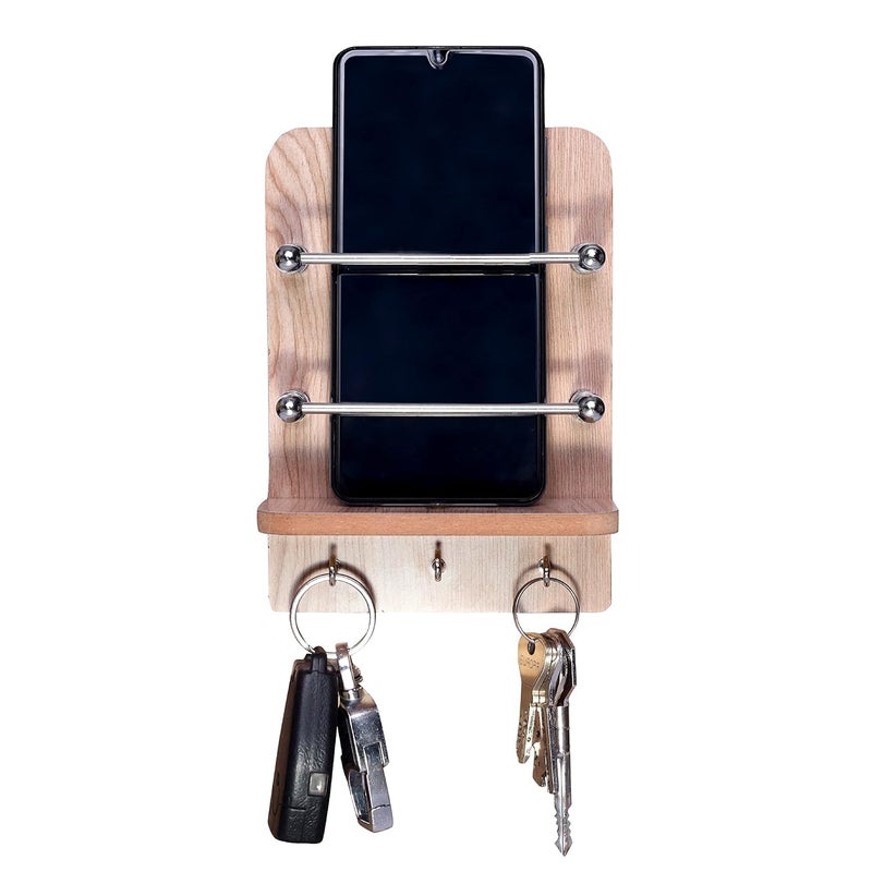 BeeDuck ® Wooden Single Mobile and Keys Hook Holder Stand for Mobile Charging, TV & AC Remote Holding and Keys Hanging at Home, Office, Bedroom, Hotel Wall Mount Multipurpose Stand - Image 1