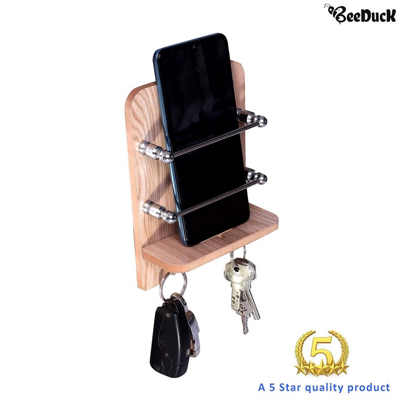 BeeDuck ® Wooden Single Mobile and Keys Hook Holder Stand for Mobile Charging, TV & AC Remote Holding and Keys Hanging at Home, Office, Bedroom, Hotel Wall Mount Multipurpose Stand - Image 3