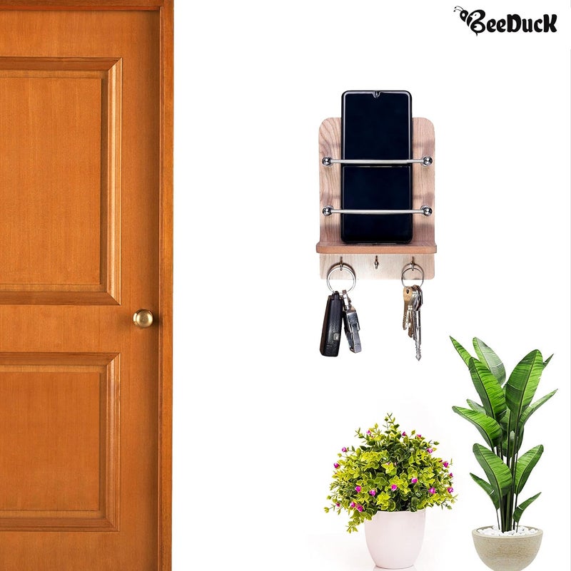 BeeDuck ® Wooden Single Mobile and Keys Hook Holder Stand for Mobile Charging, TV & AC Remote Holding and Keys Hanging at Home, Office, Bedroom, Hotel Wall Mount Multipurpose Stand - Image 2
