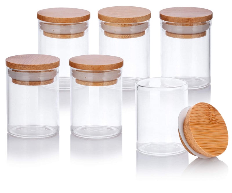 JUVITUS 2 oz Borosilicate Clear Glass Jars with Bamboo Silicone Sealed Lids 6 Pack