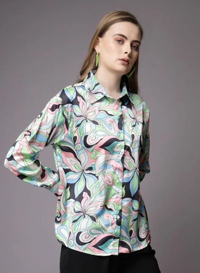 مرفوعة Women Regular Fit Floral Printed Shirt Collar Long Sleeve Shirt