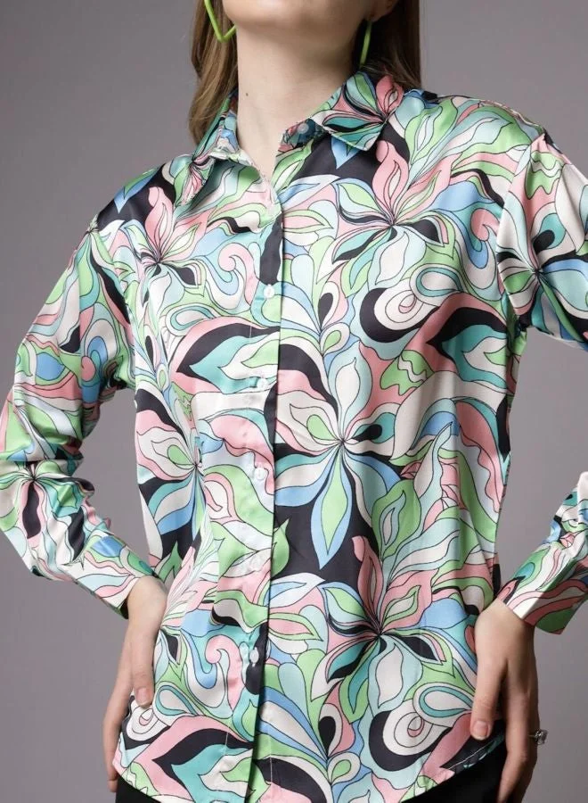 مرفوعة Women Regular Fit Floral Printed Shirt Collar Long Sleeve Shirt