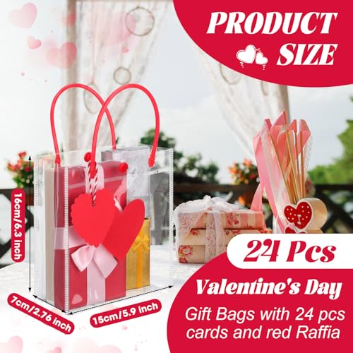 Bulyoou 24 Pcs Valentine's Day Clear Gift Bags Bulk with Handles 6" x 2.8" x 6.3" Small Valentines Transparent PVC Plastic Tote Goodie Heart Bags with Ribbons for Wedding Party Birthday(Red) - Image 2