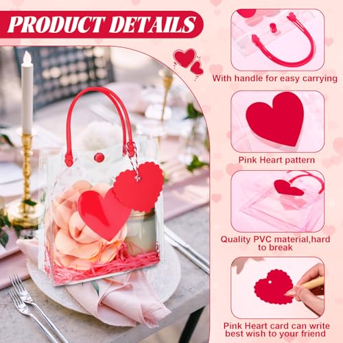 Bulyoou 24 Pcs Valentine's Day Clear Gift Bags Bulk with Handles 6" x 2.8" x 6.3" Small Valentines Transparent PVC Plastic Tote Goodie Heart Bags with Ribbons for Wedding Party Birthday(Red) - Image 3