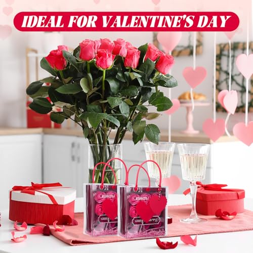 Bulyoou 24 Pcs Valentine's Day Clear Gift Bags Bulk with Handles 6" x 2.8" x 6.3" Small Valentines Transparent PVC Plastic Tote Goodie Heart Bags with Ribbons for Wedding Party Birthday(Red) - Image 5