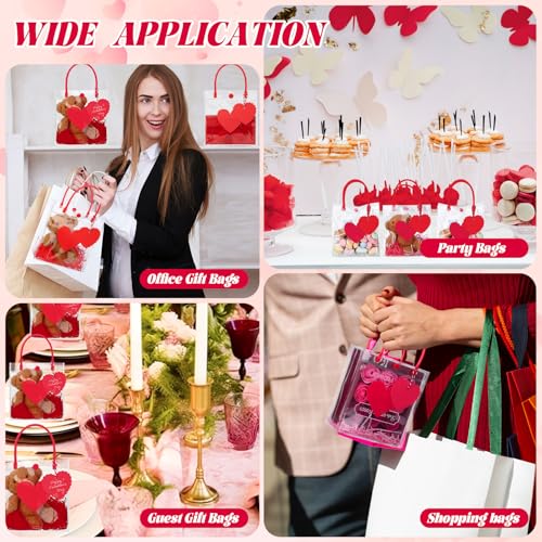 Bulyoou 24 Pcs Valentine's Day Clear Gift Bags Bulk with Handles 6" x 2.8" x 6.3" Small Valentines Transparent PVC Plastic Tote Goodie Heart Bags with Ribbons for Wedding Party Birthday(Red) - Image 4