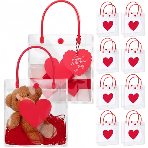 Bulyoou 24 Pcs Valentine's Day Clear Gift Bags Bulk with Handles 6" x 2.8" x 6.3" Small Valentines Transparent PVC Plastic Tote Goodie Heart Bags with Ribbons for Wedding Party Birthday(Red) - Image 1
