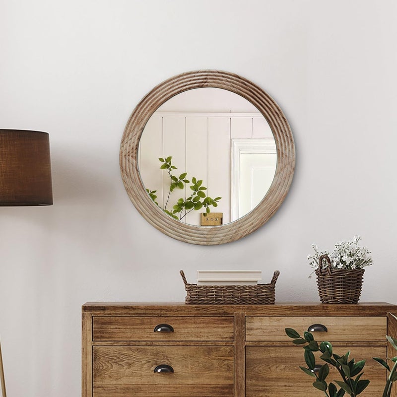LOSOUR Round Mirror, Farmhouse Decor Solid Wood Frame Wall Circle Mirror, Decorative Mirrors for Bathroom Over Sink, Living Room, Entryway,Bedroom, Entryway, Hallway,Foyer (1, Brown, 20" L x 20" W) - Image 1
