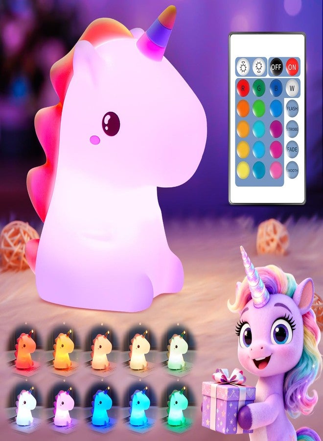 One Fire Silicone Unicorn Night Light for Kids - 16 Colors & Remote Control, Rechargeable Lamp for Girls, Teens, Led, White & Pink - Image 1