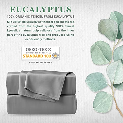 Stylinen 100% Organic Eucalyptus Bed Sheets King Size 4 Piece Set, Tencel Lyocell, Silky Soft & Smooth, Breathable, 16 Inch Deep Pockets, 1 Fitted, 1 Flat, 2 Pillowcases (King, Stone Grey) - Image 2