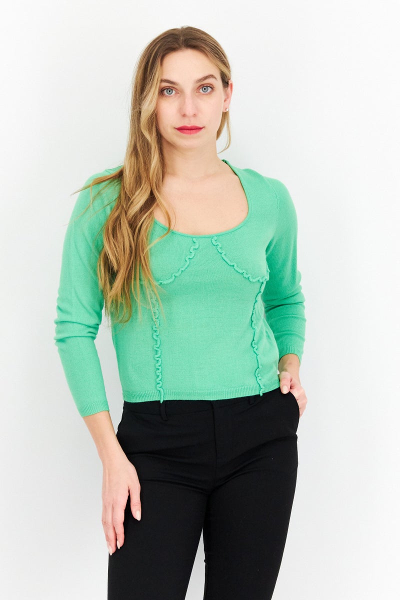 ASOS بلوزة نسائية صغيرة بحلقه دائرية وأكمام طويلة محبوكة، خضراء - Image 1