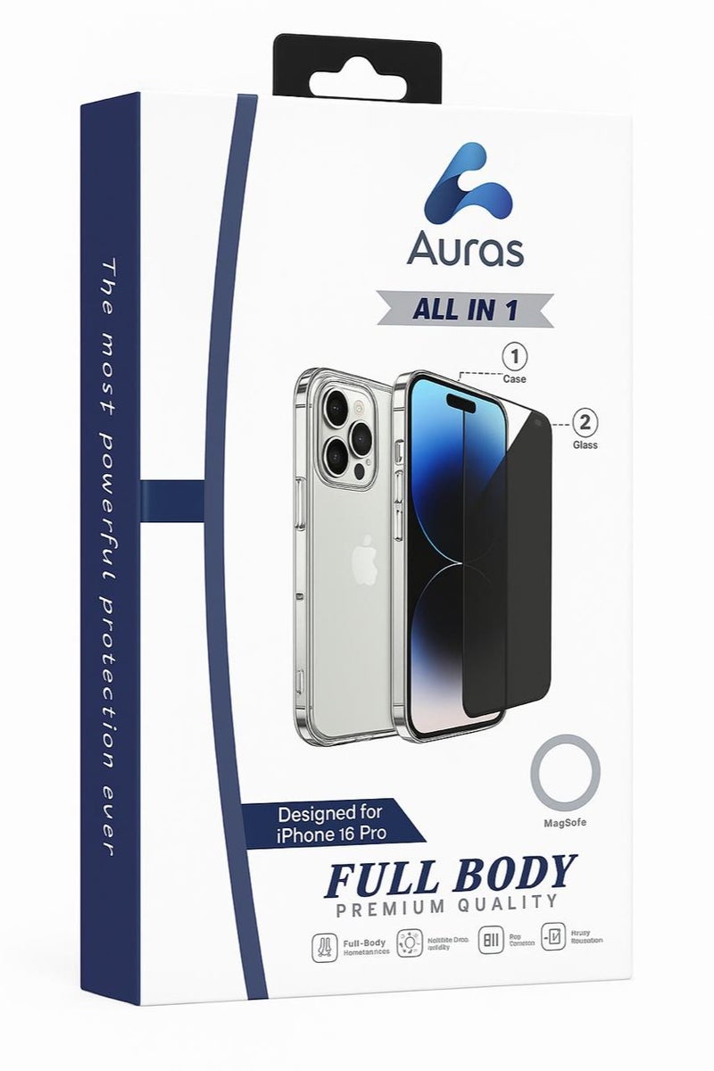 AUras Auras Full Body Clear Case with Screen Protector - Compatible with iPhone 16 Pro - MagSafe Support - Comprehensive Protection Against Shocks and Scratches - ALL IN 1 
