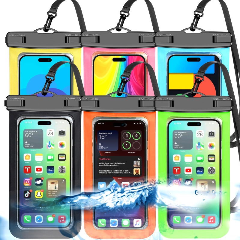 Famoby [Up to 8.3"] 6 Pack Multicolor Universal Waterproof Phone Pouch, Phone Waterproof Case Dry Bag (Protection Level: IP68) Outdoor for Apple iPhone,Samsung,and More(Black,Blue,Pink,Orange,Yellow,Green) - Image 1