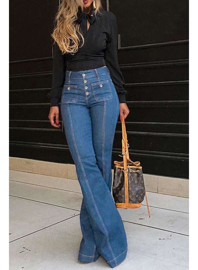 yoeasy Women's Flare Bell Bottom High Waist Jeans Vintage Stretch Bootcut Denim Trouser with Pocket, Light Blue, L - Image 4