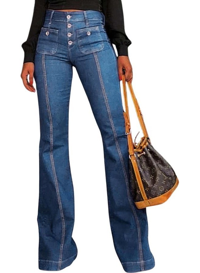 yoeasy Women's Flare Bell Bottom High Waist Jeans Vintage Stretch Bootcut Denim Trouser with Pocket, Light Blue, L - Image 1
