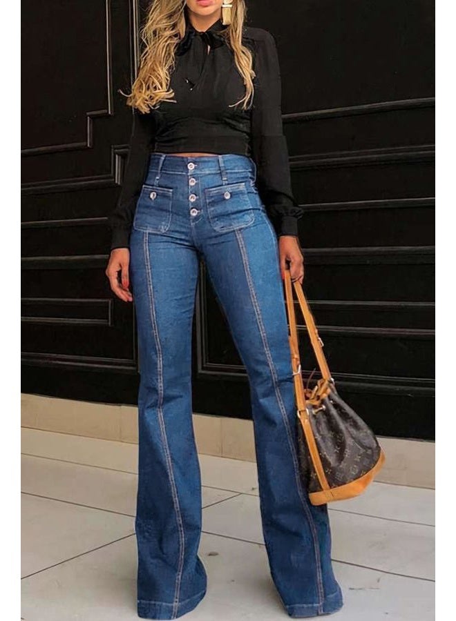 yoeasy Women's Flare Bell Bottom High Waist Jeans Vintage Stretch Bootcut Denim Trouser with Pocket, Light Blue, L - Image 3
