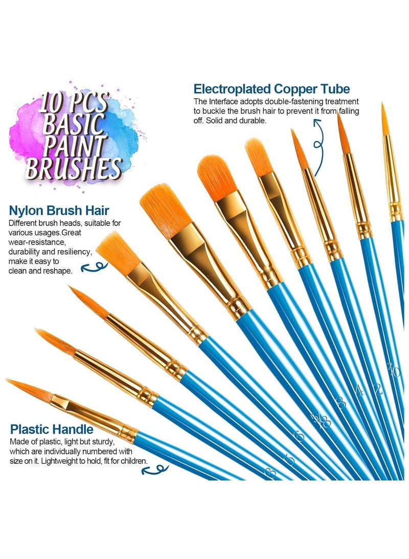 Paint Brushes Set, 10pcs Nylon Hair Brush With 3pcs Round Paint Trays, Artist Brushes for Acrylic, Watercolor, Oil, Gouache, Tempera,Rock and Body Painting, Blue - Image 3